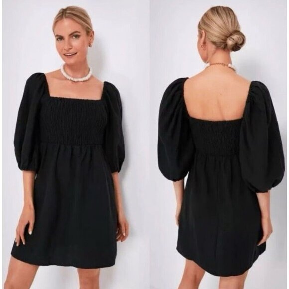 Tuckernuck Dresses & Skirts - Tuckernuck Women’s Annie Smocked Balloon Sleeve Dress Small S Black 100% Linen